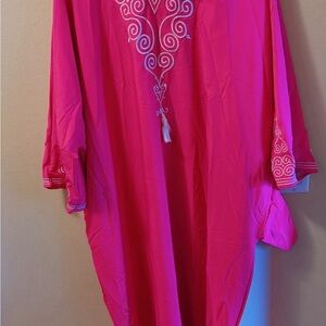 Pink Kaftan with White Embroidery
